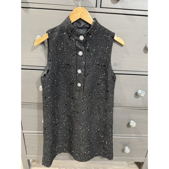 ZARA Midi Tweed Knit Sequins Dress with Rhinestones Buttons Black M Party NEW - Picture 1 of 4